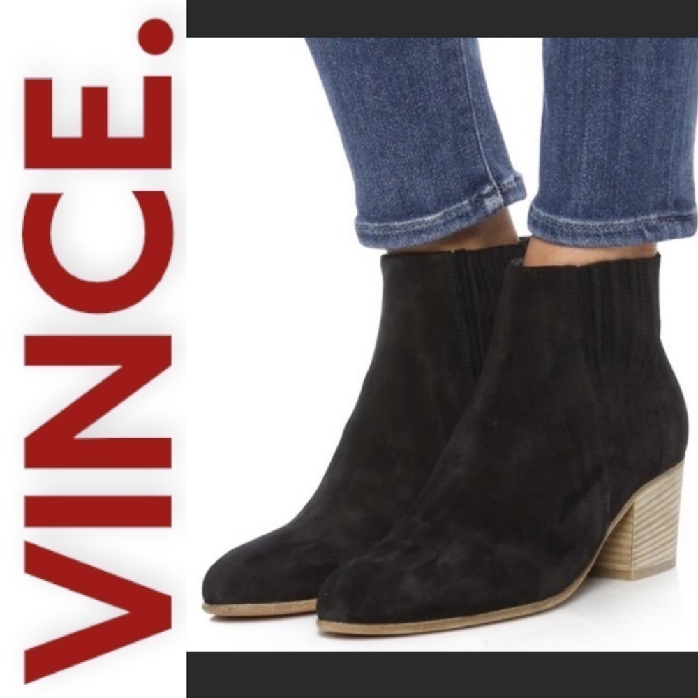 VINCE Haider Suede Chelsea Pull On Stacked Heel Ankle Bootie Black, Size 6